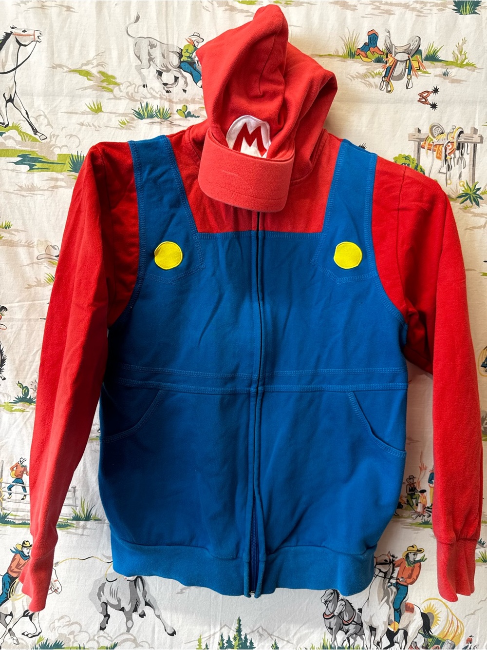 Mario-Inspired Kids Costume Hoodie with Cap - Red & Blue from Mario World size L
